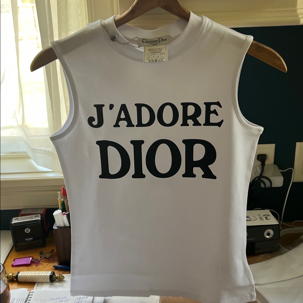 Christian Dior J'Adore DIOR White Sleeveless Logo Tank shirt top black letters 6